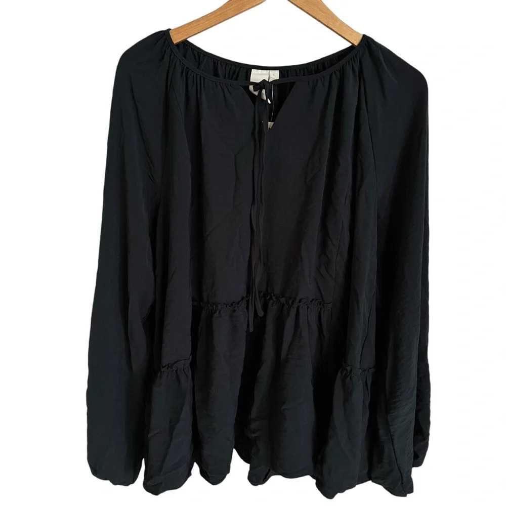NWT Ady P size XL Black Tie Neck Peplum Blouse‎ Top Long Sleeve New Heavyweight
